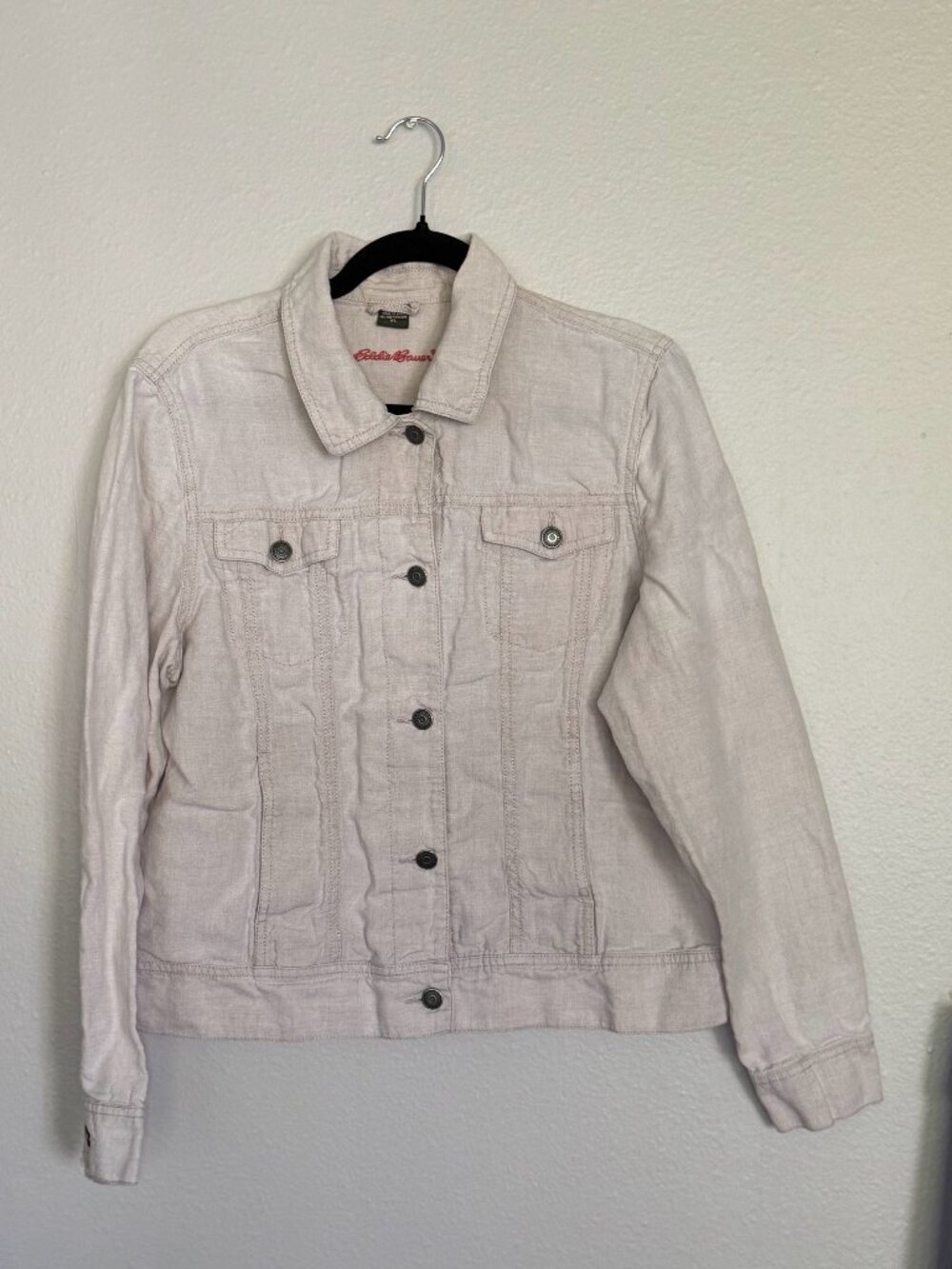 Eddie Bauer Linen Trucker Jacket XL Natural Oatmeal Beige Denim Style Button Up